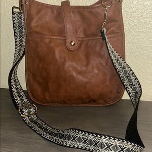Brown Vegan Leather Crossbody Bag with patterned strap